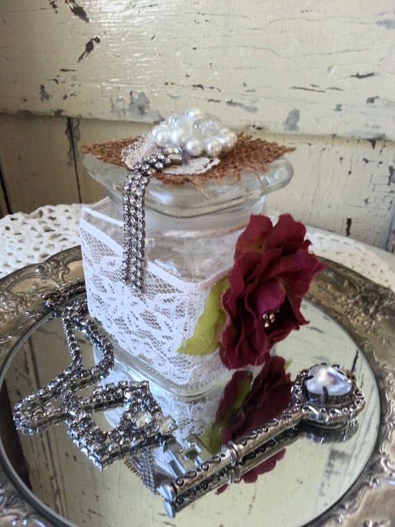 Items similar to Millinery Rose Rhinestone Repurposed Apothecary Jar on
