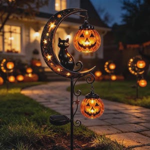 May include: A black metal garden stake featuring a crescent moon frame with cut-out stars, a black cat silhouette, and two hanging orange jack-o'-lantern lights. The structure includes a small solar panel attached to the central vertical pole.