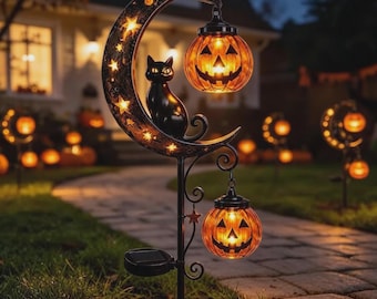 Outdoor Halloween Stake Lights, Black Cat Moon Pumpkin Solar Garden Light, Spooky Cat Decor, Fall Inspired Gifts