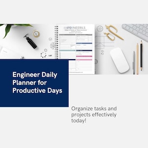 May include: A white spiral-bound daily planner with a detailed layout for engineers. The planner includes sections for tasks, notes, and project management. The text "Engineer Daily Planner for Productive Days" is visible. Gold scissors and a computer mouse are also present.