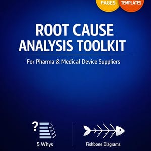 May include: A digital toolkit titled "ROOT CAUSE ANALYSIS TOOLKIT" for Pharma & Medical Device Suppliers. The image features the text "51 PAGES" and "5 TEMPLATES" in circular icons. It also includes icons for "5 Whys" and "Fishbone Diagrams". The word "DIGITAL" is at the bottom.
