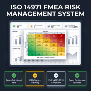 Puede incluir: Una pantalla digital que muestra un Sistema de Gestión de Riesgos FMEA ISO 14971. La pantalla muestra visualizaciones de datos, una matriz de riesgos y características clave como el seguimiento del estado RAG y el cumplimiento de la norma ISO 14971:2019. La fecha es el 26 de octubre de 2023.