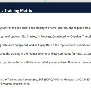 Puede incluir: Un documento de hoja de c&aacute;lculo digital titulado How to Use This Training Matrix con un encabezado azul oscuro. Enumera cinco instrucciones numeradas para realizar el seguimiento del estado, las fechas y los formadores, con una referencia a SOP-QA-004.