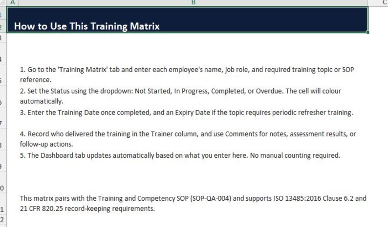 Puede incluir: Un documento de hoja de c&aacute;lculo digital titulado How to Use This Training Matrix con un encabezado azul oscuro. Enumera cinco instrucciones numeradas para realizar el seguimiento del estado, las fechas y los formadores, con una referencia a SOP-QA-004.