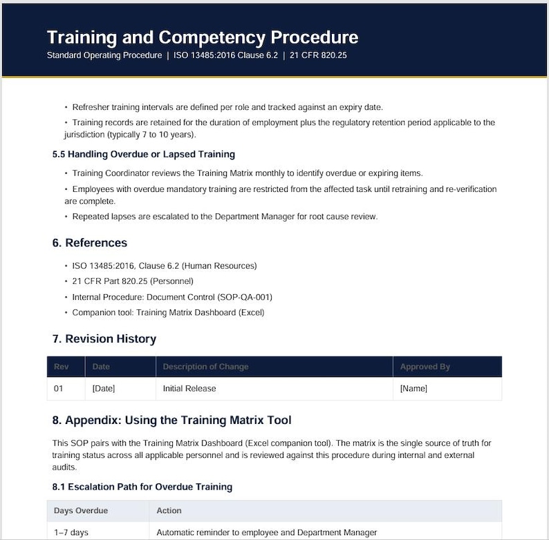 Puede incluir: Un documento titulado Training and Competency Procedure, que hace referencia a la norma ISO 13485:2016 cl&aacute;usula 6.2 y 21 CFR 820.25. Describe los intervalos de formaci&oacute;n, la retenci&oacute;n de registros, el manejo de formaci&oacute;n vencida y una matriz de formaci&oacute;n.