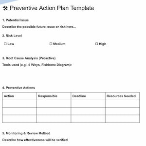 Preventative Action Plan File Sample Preventive Action Form PDF: Fillable, Printable Quality System Tool - Etsy
