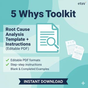 Puede incluir: Un gráfico turquesa que promociona un "5 Whys Toolkit" para el análisis de causa raíz. La imagen incluye texto, un icono de documento con una lupa y marcas de verificación. Las palabras "Descarga instantánea" están en la parte inferior.