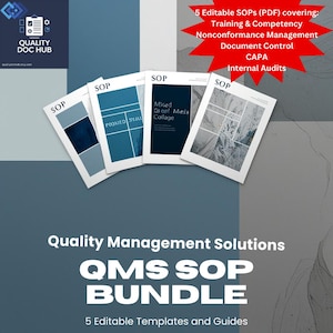 May include: A bundle of five SOP (Standard Operating Procedure) templates and guides. The documents are white with blue and gray accents, and the text includes "SOP" and "Quality Management Solutions QMS SOP BUNDLE". A red starburst graphic lists the SOP topics.