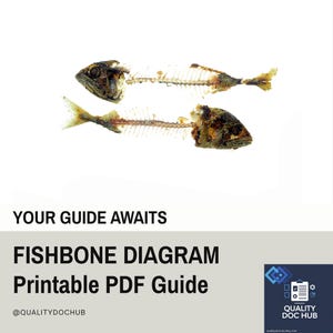 May include: Two fish skeletons with visible bones and heads are displayed against a white background. The image includes the text "YOUR GUIDE AWAITS" and "FISHBONE DIAGRAM Printable PDF Guide" with a logo for Quality Doc Hub.