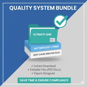 Op de afbeelding: Afbeelding die een kwaliteitssysteem-bundel promoot. Het toont een turquoise map met het label "ULTIMATE QMS" bovenop een blauwe en witte stapel documenten. Tekst bevat "SOP TEMPLATES + FORMS" en "ROOT CAUSE ANALYSIS (RCA)". Een groene vink en de tekst "SAVE TIME & ENSURE COMPLIANCE" zijn ook aanwezig.