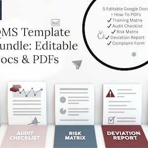 May include: Image of a QMS Template Bundle with editable Docs & PDFs. The image shows a series of documents with titles like "Audit Checklist" and "Risk Matrix." A circular graphic lists "5 Editable Google Docs + How-To PDFs."