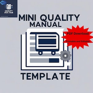 May include: A graphic for a "Mini Quality Manual Template" with a dark blue and white design. The image includes a stylized document with a truck icon, a gear, and the text "PDF Download Printable and Editable."