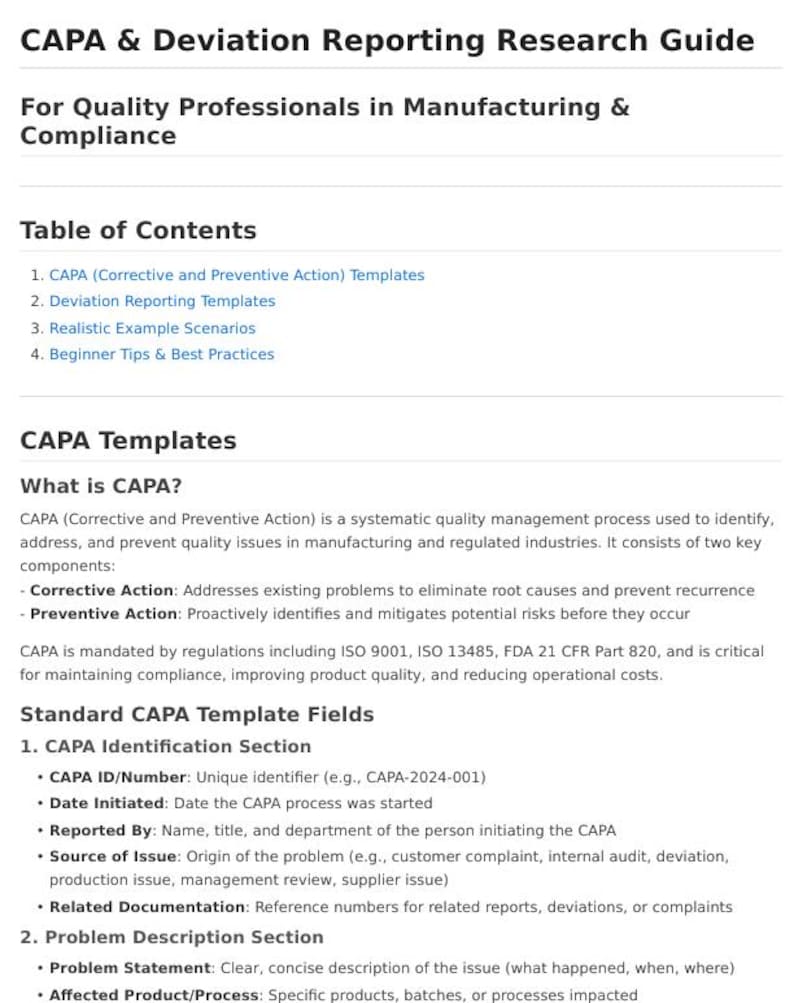 CAPA & Deviation Reporting Research Guide (PDF) - Etsy
