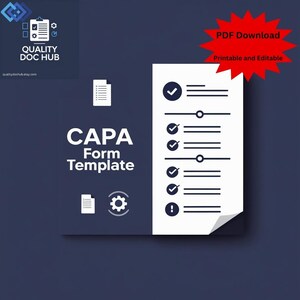 Puede incluir: Gráfico azul oscuro con el texto "CAPA Form Template" en blanco. Un gráfico de estrella roja dice "PDF Download Printable and Editable". La imagen incluye iconos de lista de verificación y el logotipo de Quality Doc Hub.