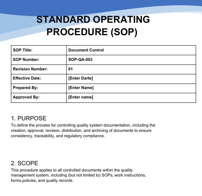 System Hop Example Document Control SOP Template | Editable Pdf for Qms| ISO 13485 ...