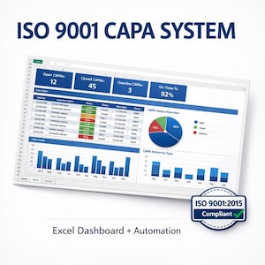 Può includere: Uno schermo di computer che mostra una dashboard di Excel con visualizzazioni di dati. Lo schermo mostra grafici e dati numerici relativi al sistema CAPA. Il testo include "ISO 9001 CAPA SYSTEM" e "Excel Dashboard + Automation."