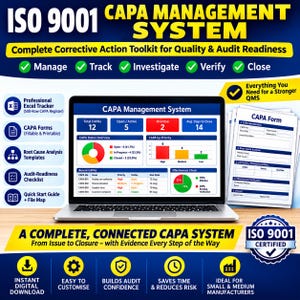 Może przedstawiać: System zarządzania CAPA ISO 9001 wyświetlony na ekranie laptopa, zawierający pulpit nawigacyjny z wykresami, modułami śledzenia statusu i formularzami do wypełnienia. Interfejs umożliwia zarządzanie, śledzenie, badanie, weryfikację i zamykanie działań korygujących, z widocznym po prawej stronie stosem wydrukowanych formularzy CAPA.