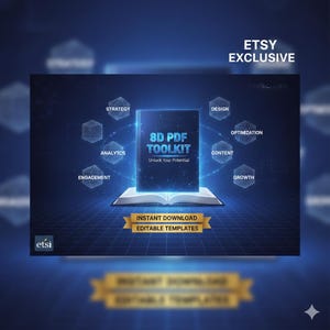 May include: A digital product advertisement with a dark blue background. The central focus is a book titled "8D PDF Toolkit" with the tagline "Unlock Your Potential." Surrounding the book are hexagonal icons with related keywords. The text "Instant Download, Editable Templates" is also visible.