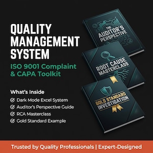 May include: Three teal-coloured books with gold lettering and accents. Titles include "The Auditor's Perspective", "Root Cause Masterclass", and "Gold Standard Investigation". The image also displays the text "Quality Management System" and "ISO 9001 Complaint & CAPA Toolkit".