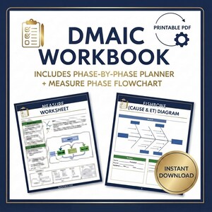Könnte beinhalten: Ein DMAIC-Arbeitsbuch als druckbares PDF mit einem phasenweisen Planer und einem Flussdiagramm für die Messphase. Enthält ein Messarbeitsblatt und ein Fischgräten-Ursache-Wirkungs-Diagramm. Das Dokument ist mit Instant Download beschriftet.