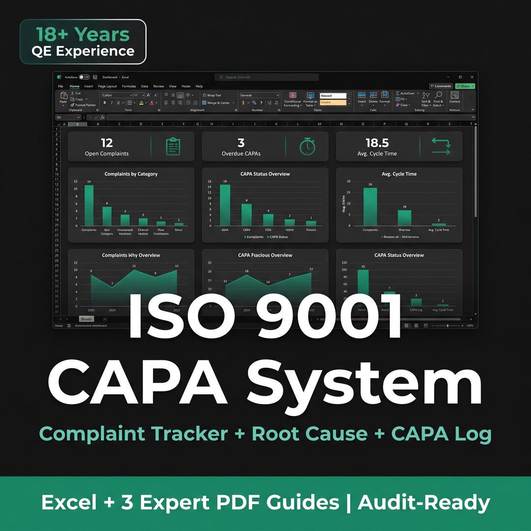 ISO 9001 CAPA System Excel Template | Complaint Tracker & Root Cause ...
