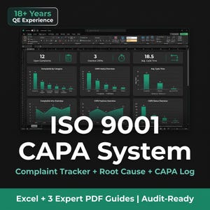 Op de afbeelding: Een donker thema grafiek met datavisualisaties en tekst. De tekst bevat "ISO 9001 CAPA System" en "Complaint Tracker + Root Cause + CAPA Log." Extra tekst zegt "Excel + 3 Expert PDF Guides | Audit-Ready." De afbeelding toont ook "18+ Years QE Experience."