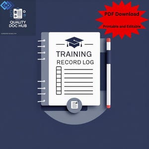 May include: A digital training record log with a graduation cap icon, a pen, and the text "PDF Download Printable and Editable." The log is white with black lines and text, set against a dark blue background. The logo for Quality Doc Hub is in the upper left corner.