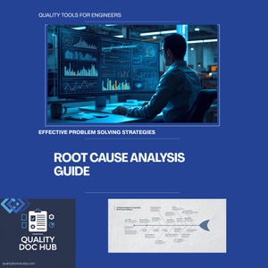 Peut inclure: Graphique bleu avec le texte "QUALITY TOOLS FOR ENGINEERS" et "EFFECTIVE PROBLEM SOLVING STRATEGIES". L'image comprend une personne travaillant sur un ordinateur affichant des visualisations de données. Le texte "ROOT CAUSE ANALYSIS GUIDE" est également présent.