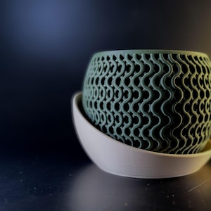 Può includere: Un vaso sferico color teal con un design ondulato e traforato. Il vaso è posto su un piattino bianco curvo. Il design consente la circolazione dell'aria e il drenaggio, adatto per piccole piante.