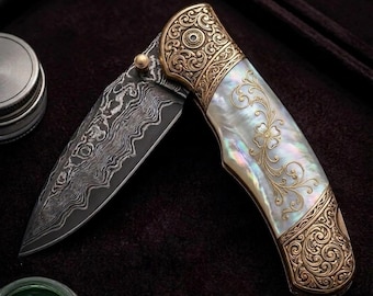 Handmade Damascus Folding Knife | Mother of Pearl Pocket Knife | Personalized Engraved Gift for Him | Luxury EDC Knife | Groomsmen Gift