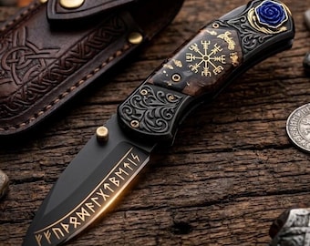 Handmade Viking Folding Knife – Black Blade Pocket Knife, Nordic Engraved Knife, Custom Damascus Gift for Him