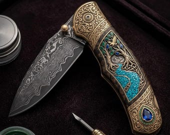 Damascus Steel Folding Knife | Celtic Tree of Life Handle | Turquoise & Sapphire Inlay | Gold Engraved Collector Knife | Handmade Gift