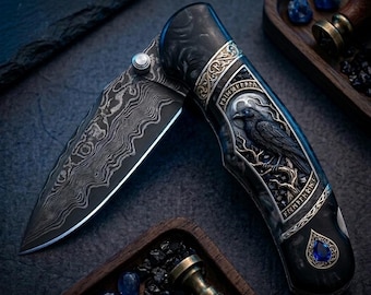 Handmade Raven Damascus Folding Knife – Gothic Viking Pocket Knife – Custom Collector EDC Knife – Luxury Raven Engraved Knife Gift for Men