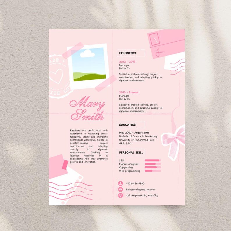 Pink Bow Resume Template for Word | CV Design | Professional Blush ...