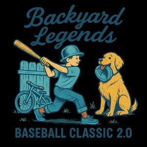 May include: A graphic illustration on a black background features a boy swinging a baseball bat, a golden retriever holding a baseball, and the text "Backyard Legends Baseball Classic 2.0". A bicycle and fence are also included.