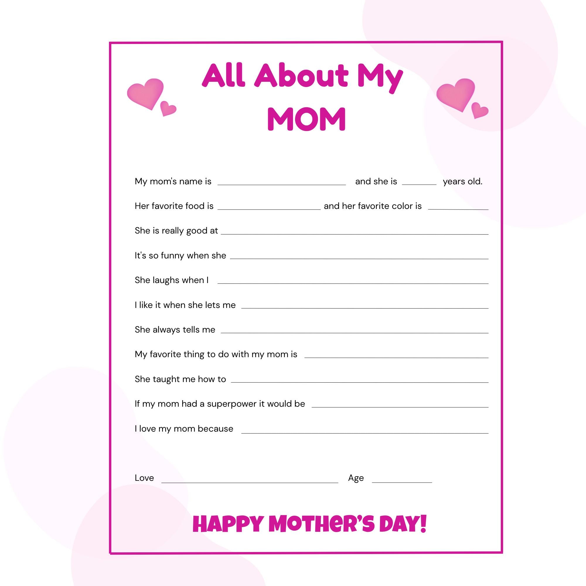 All About My Mom – Printable Mother's Day Questionnaire – Instant