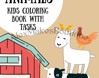 Coloring pages for kids | Farm animal coloring pages | Coloring pages with tasks | Educational Kids Coloring Book | Instant Download |7pages