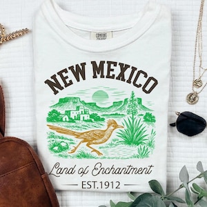 Comfort Colors® New Mexico The Land of Enchantment Est. 1912 Shirt – Roadrunner Bird, Adobe Homes & Desert Village Scene Graphic Tee