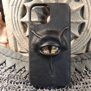 IPhone 13 MINI Tasche (Schwarzes Leder mit Gelb Eye)