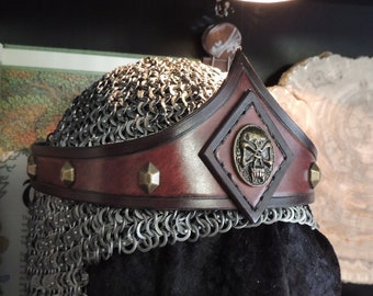 Dragon eye Leather Crown (Burgundy  and Brown leather  with Brass Accents)