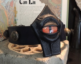 Barbarian Leather Crown (Black leather with  Orange eye with Brass Accents)