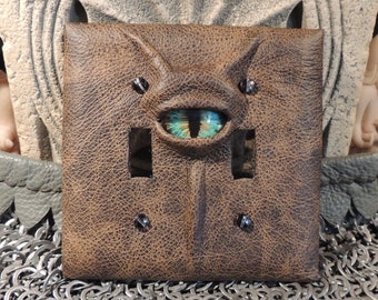 Double Light switch cover:Brown Leather and  Multi Color Eye