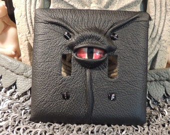 Double Light switch cover:Black Leather and  Red Eye