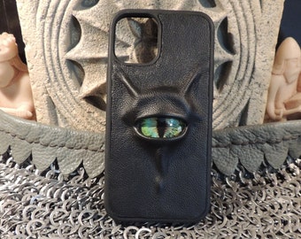 I Phone 12 MINI case(Black  Leather with Multi Color Eye)