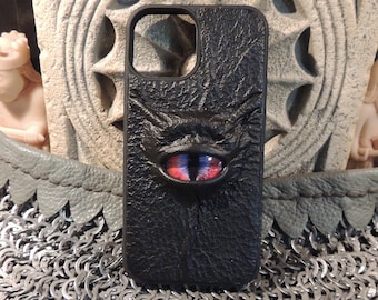 I Phone 13 MINI case(Black  Leather with Multi Color Red Eye)
