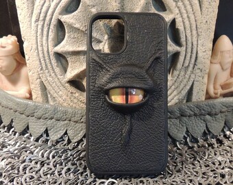 I Phone 12 MINI case(Black  Leather with Yellow Eye)