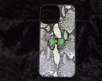IPhone 13 6.7 case(Black and White Snakeskin Print Leather with Green Eye)