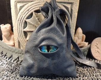 Bolsa de dados de ojo de dragón (cuero azul desgastado con ojos multicolores) Monedero de pulsera de cuero genuino RPG