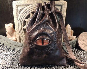 Bolsa de dados de ojo de dragón (cuero marrón oscuro con ojo naranja) Monedero de pulsera de cuero genuino RPG
