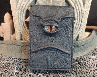 Mythical Beast Book-Refillable Notepad cover 3"x5"(Weathered Blue leather with Multi Color eye) Genuine Leather note pad sketchpad